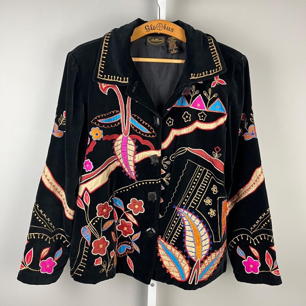 Allure Artsy Jacket Womens M Vintage Black Velvet Floral Applique Art to Wear